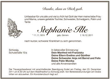 Traueranzeige von Stephanie Ille von Pegnitz-Zeitung